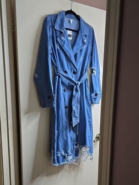 Cato Distressed Medium-Wash Denim Double Breasted Trench Coat